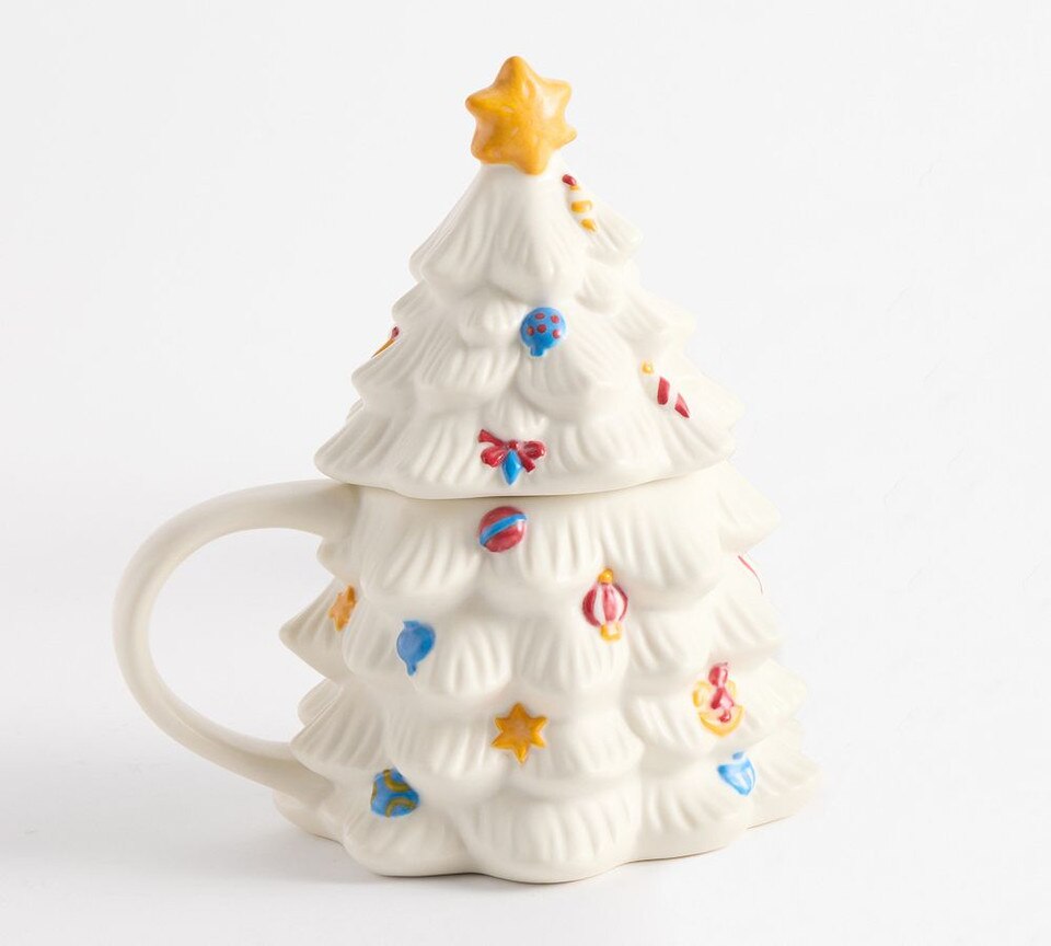 Pottery Barn Christmas in the Country Lidded Tree Stoneware Mug