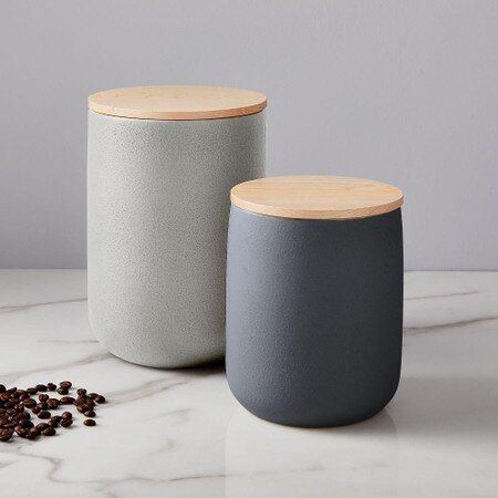 Kaloh Stoneware Kitchen Canisters W Wood Tops
