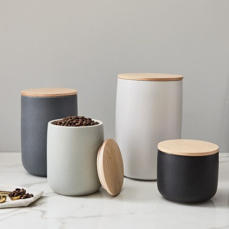 Kaloh Stoneware Kitchen Canisters W Wood Tops