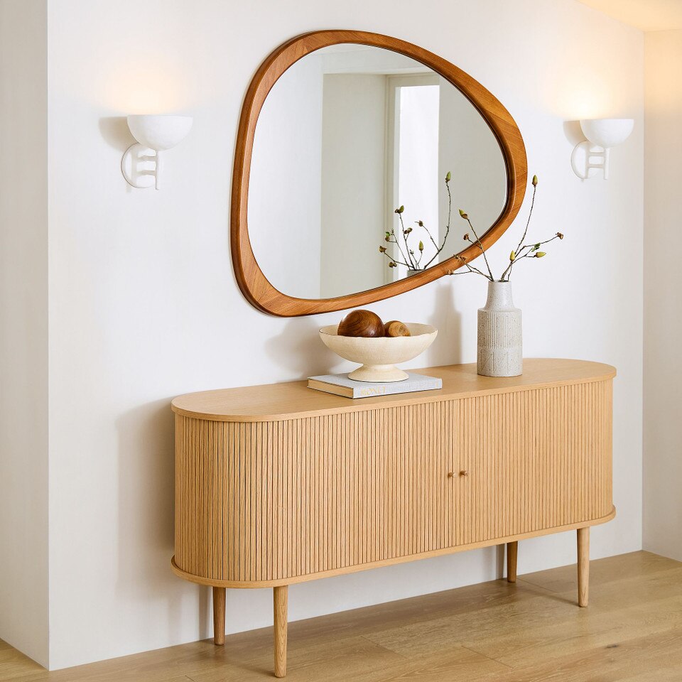 Mid-Century Asymmetrical Wood Wall Mirror - 14 cm x 103 cm x 129 cm