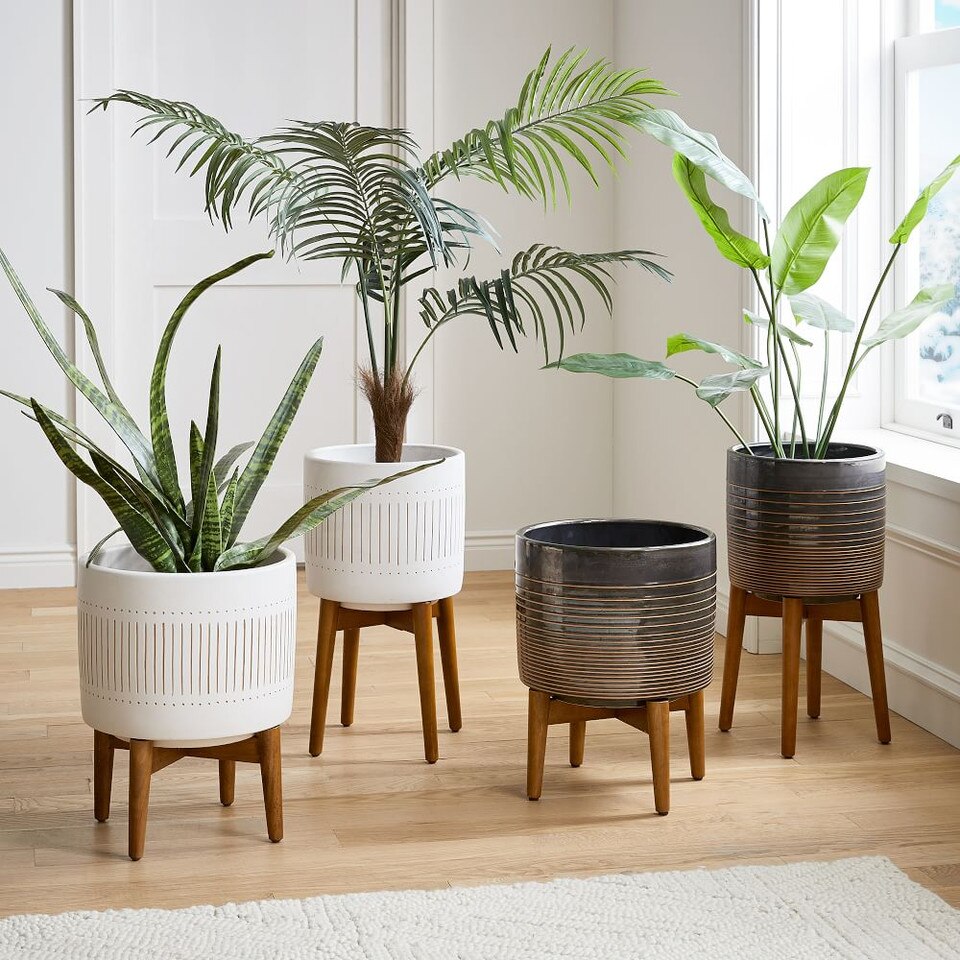 Mid-Century Turned Wood Leg Planters - White & Gold