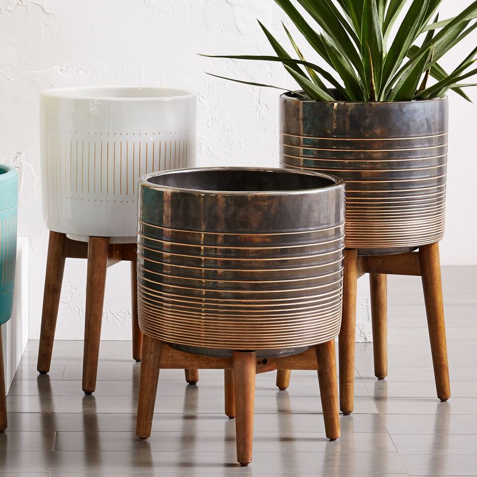 Mid-Century Turned Wood Leg Planters - White & Gold