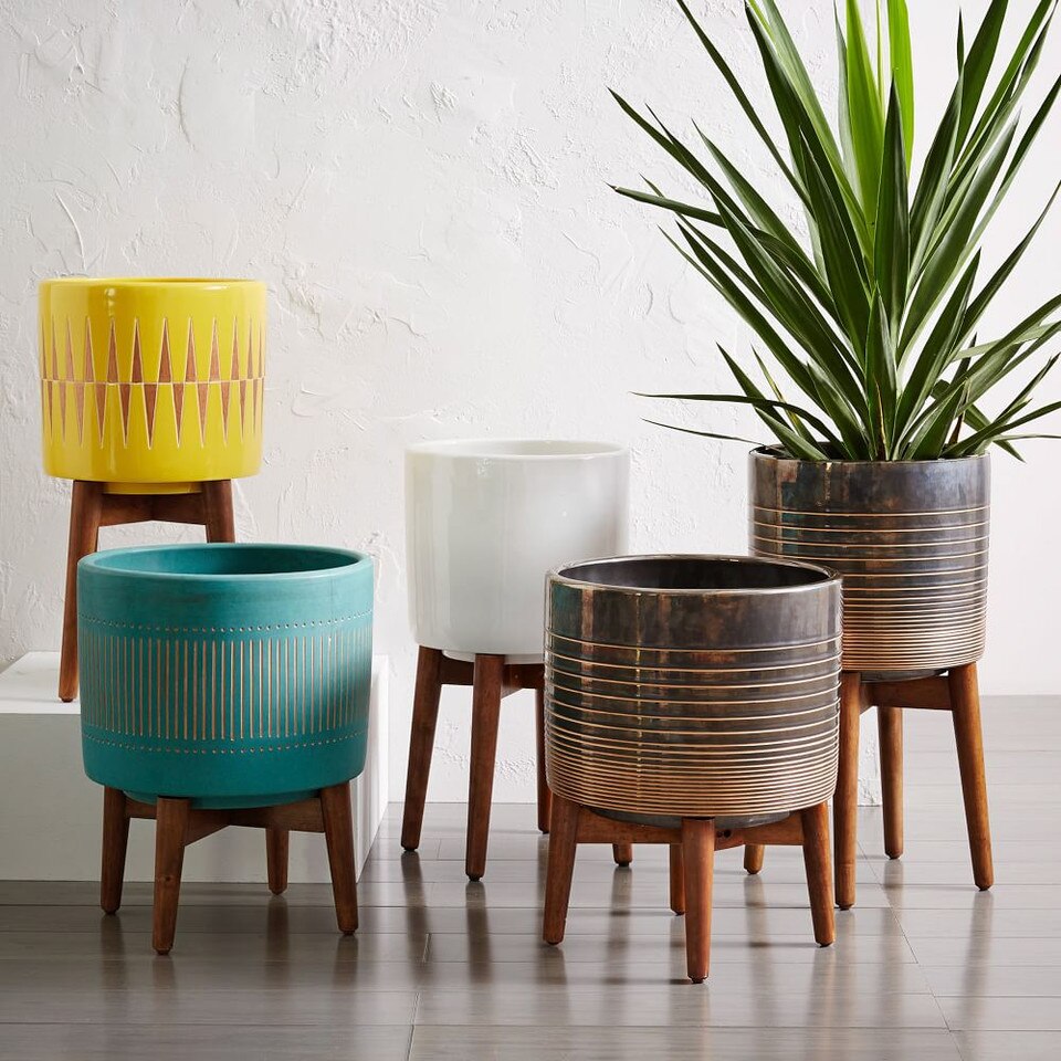 Mid-Century Turned Wood Leg Planters - White & Gold
