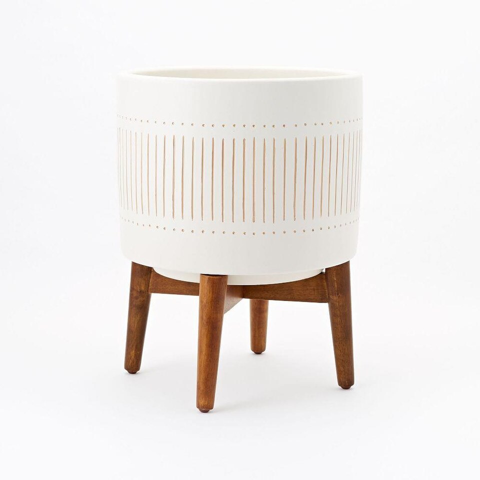 Mid-Century Turned Wood Leg Planters - White & Gold