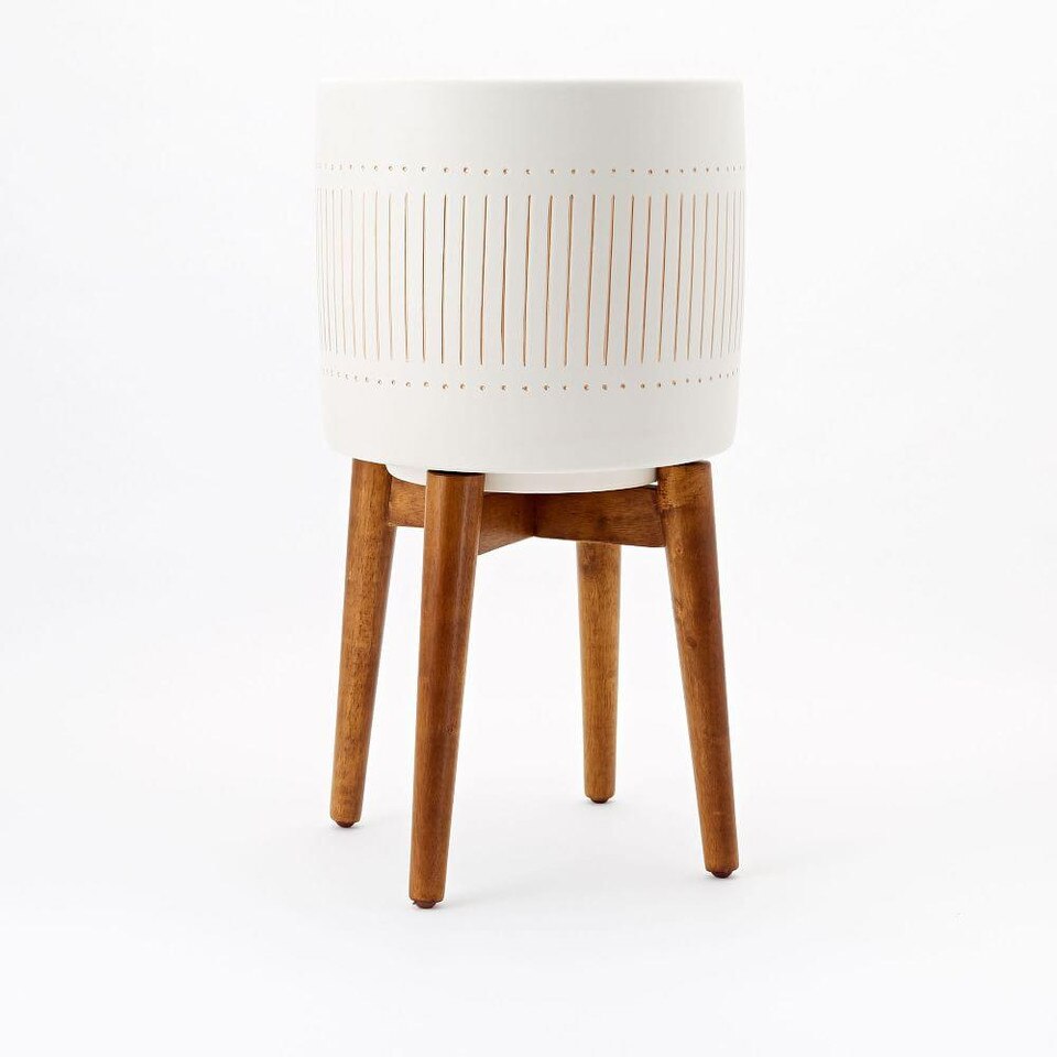 Mid-Century Turned Wood Leg Planters - White & Gold