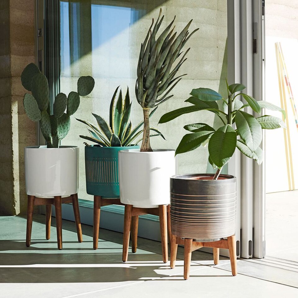 Mid-Century Turned Wood Leg Planters - White & Gold