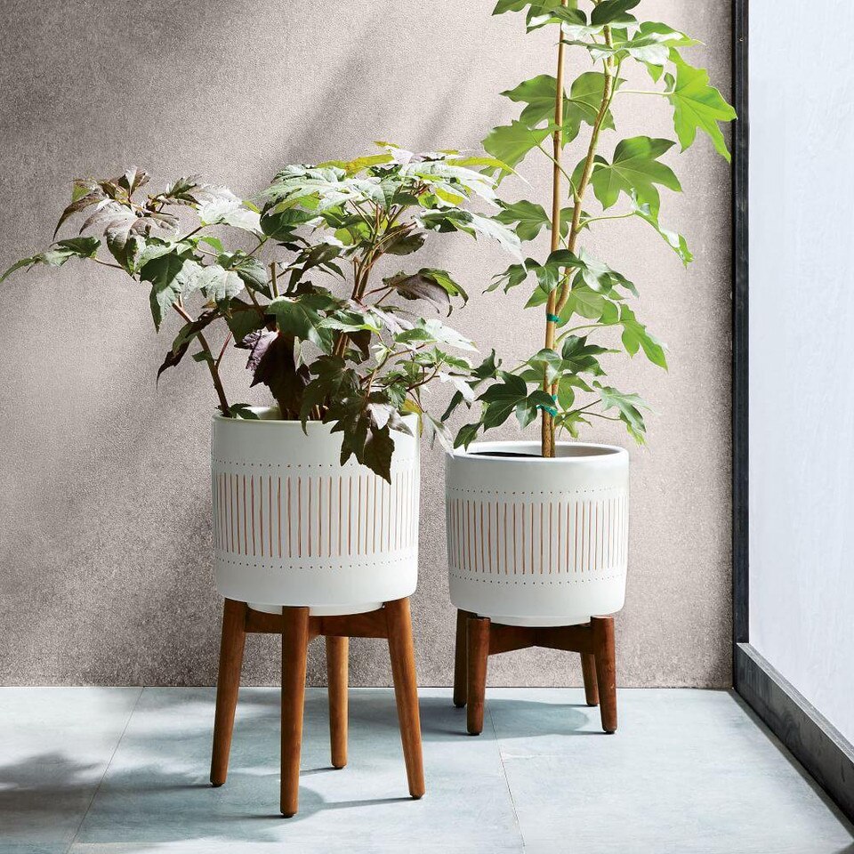 Mid-Century Turned Wood Leg Planters - White & Gold