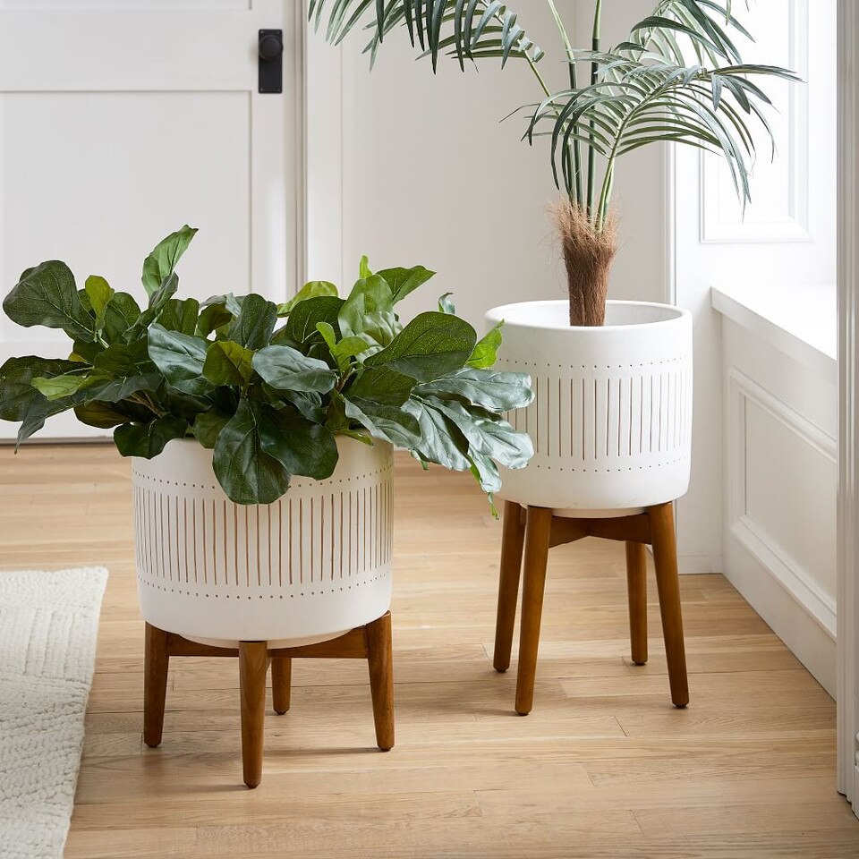 Mid-Century Turned Wood Leg Planters - White & Gold