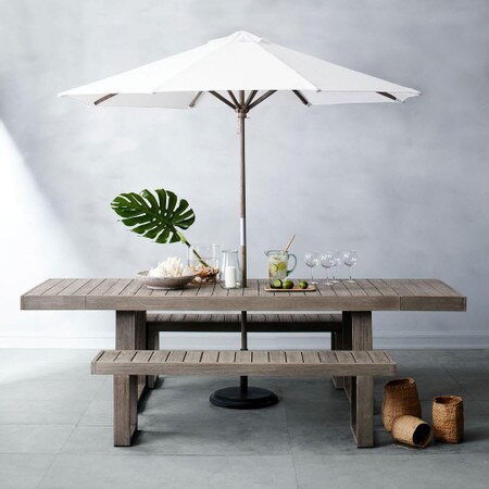 Portside Outdoor Expandable Dining Table 2 Benches Set Weathered Grey West Elm Australia Portside Outdoor Expandable Dining, Outdoor Table With Umbrella Hole Australia