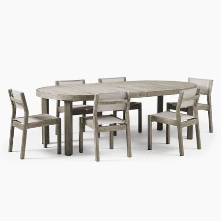 Portside Outdoor Expandable Round Dining Table 6 Textilene Chairs Set Weathered Grey West Elm Australia