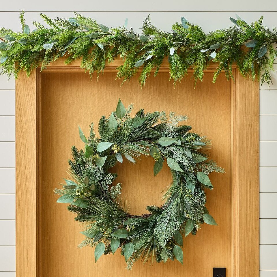 Pre-Lit Faux Mixed Seeded Eucalyptus Wreath & Garland