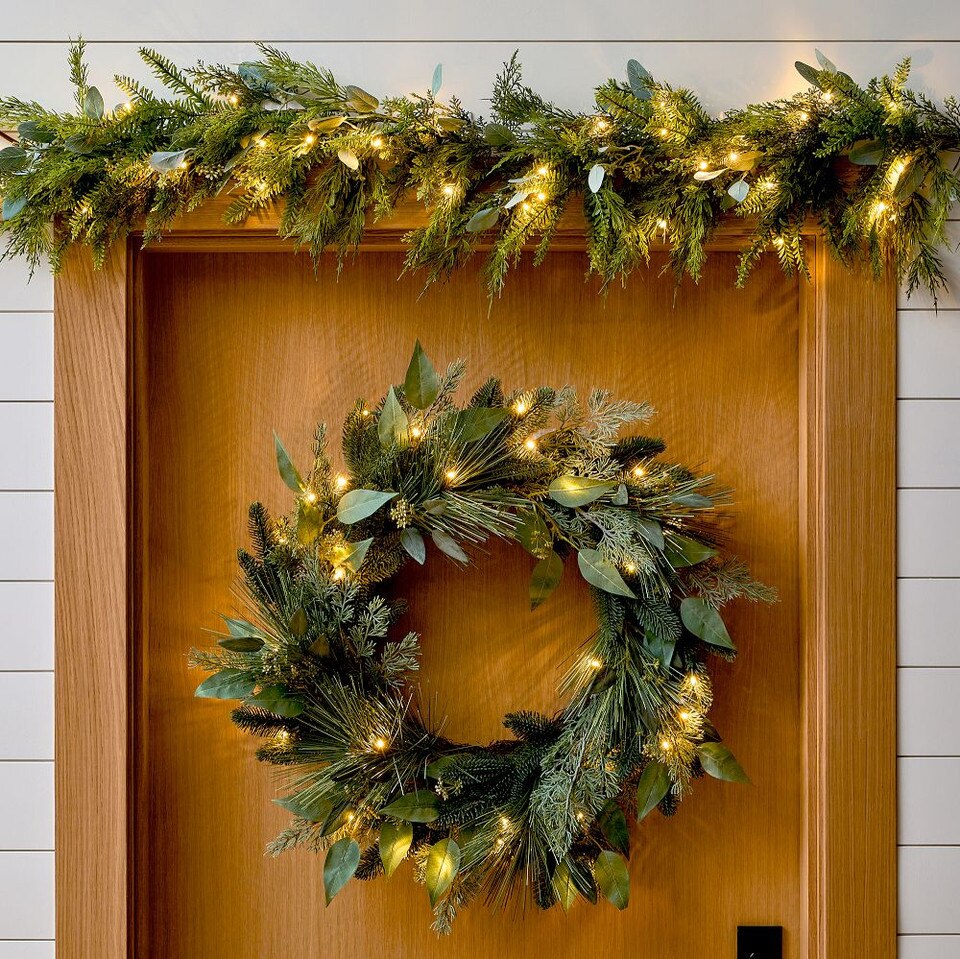Pre-Lit Faux Mixed Seeded Eucalyptus Wreath & Garland