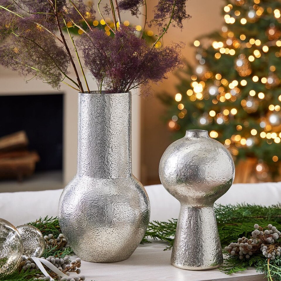 Silver Hammered Mercury Candleholders & Vases