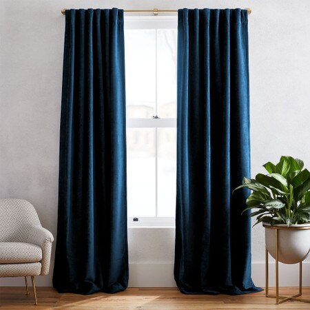 Worn Velvet Curtain Regal Blue West Elm Australia - Blue Linen Curtains Australia