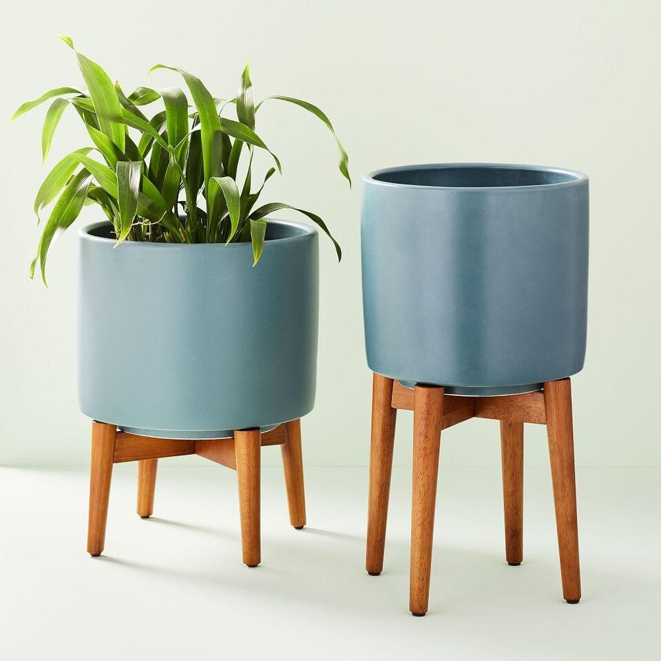 MidCentury Turned Wood Leg Planters Blue West Elm Australia