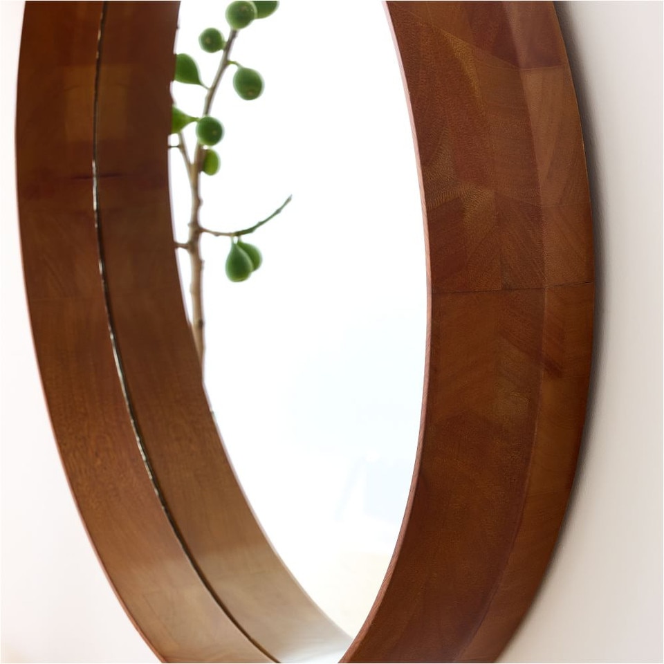 Wood Frame Ledge Round Wall Mirror