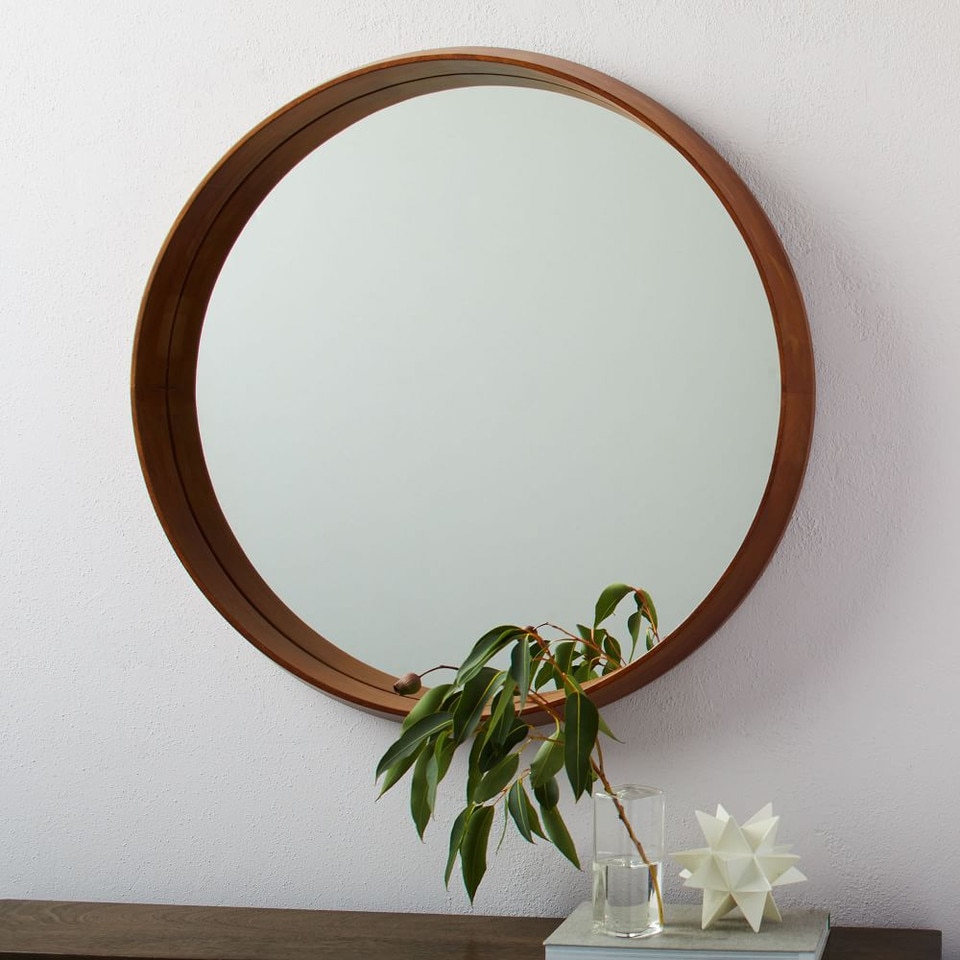 Wood Frame Ledge Round Wall Mirror